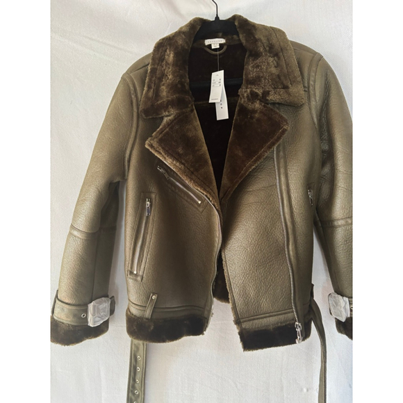 TOPSHOP Jackets & Blazers - Women's Topshop Green Faux Leather Shearling Aviator Jacket US 8